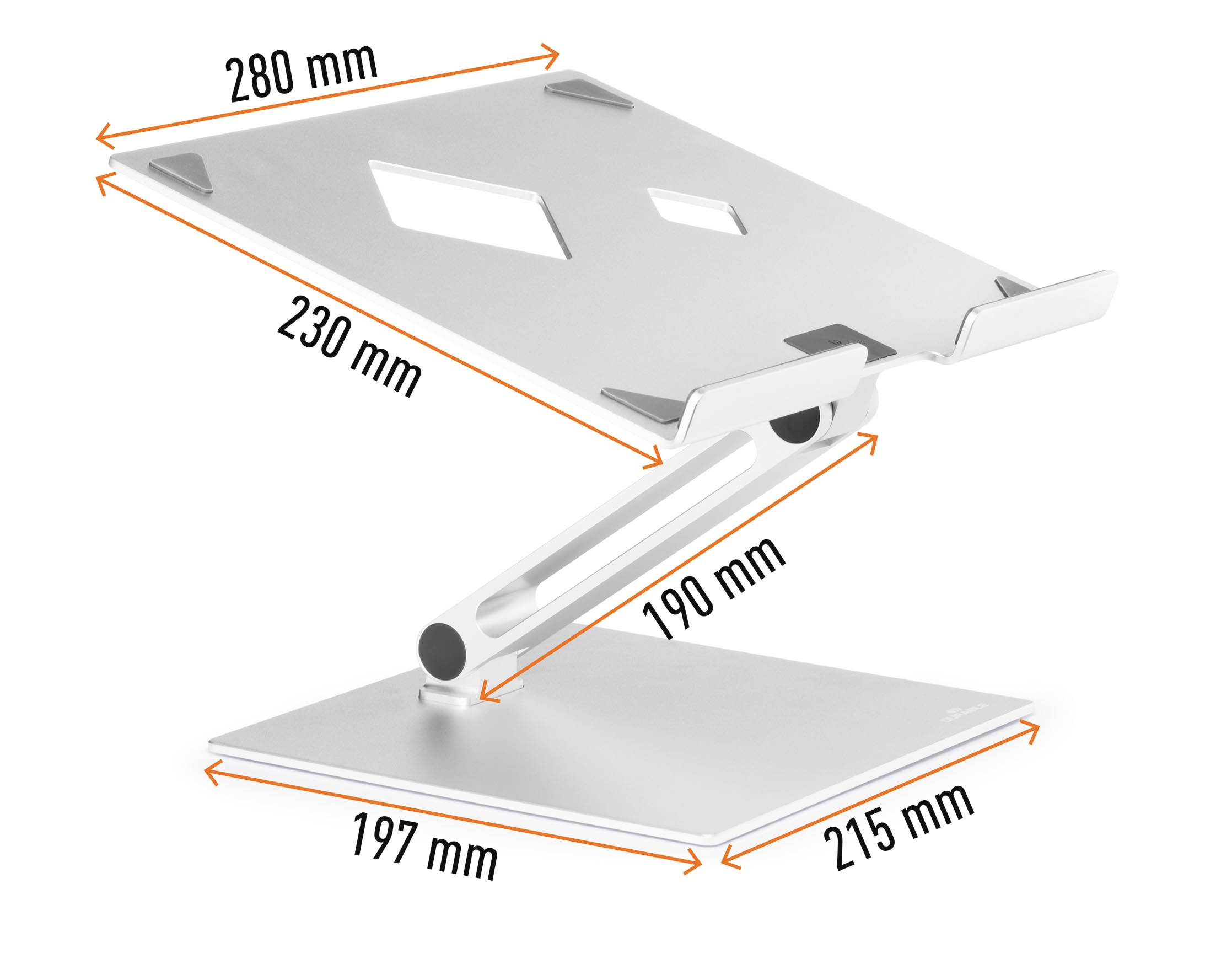 Metall-laptopstativ med mål: Bredde 280 mm, dybde 230 mm. Base: 197 mm bred, 215 mm dyb. Armhøjde: 190 mm.