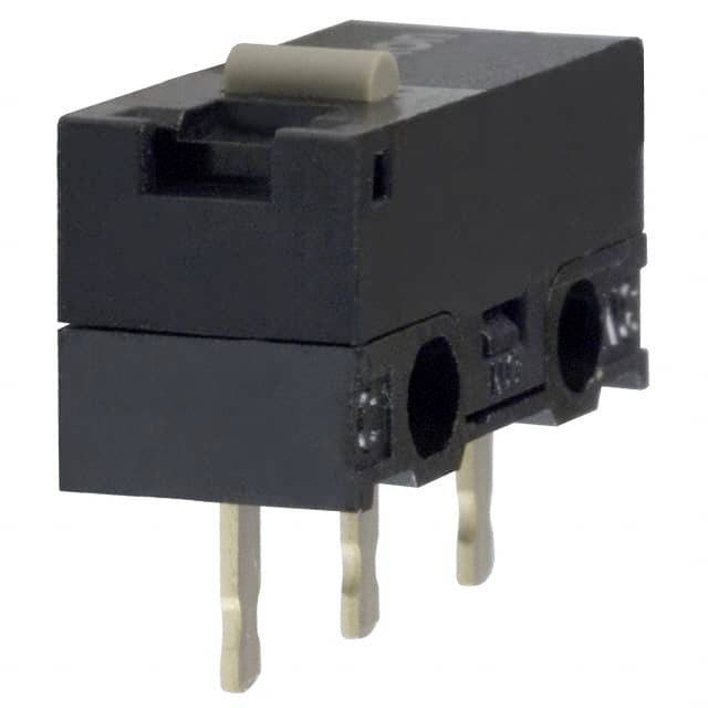 En sort mikroafbryder med tre guldfarvet tilslutninger, egnet til elektroniske anvendelser i enheder eller maskiner.