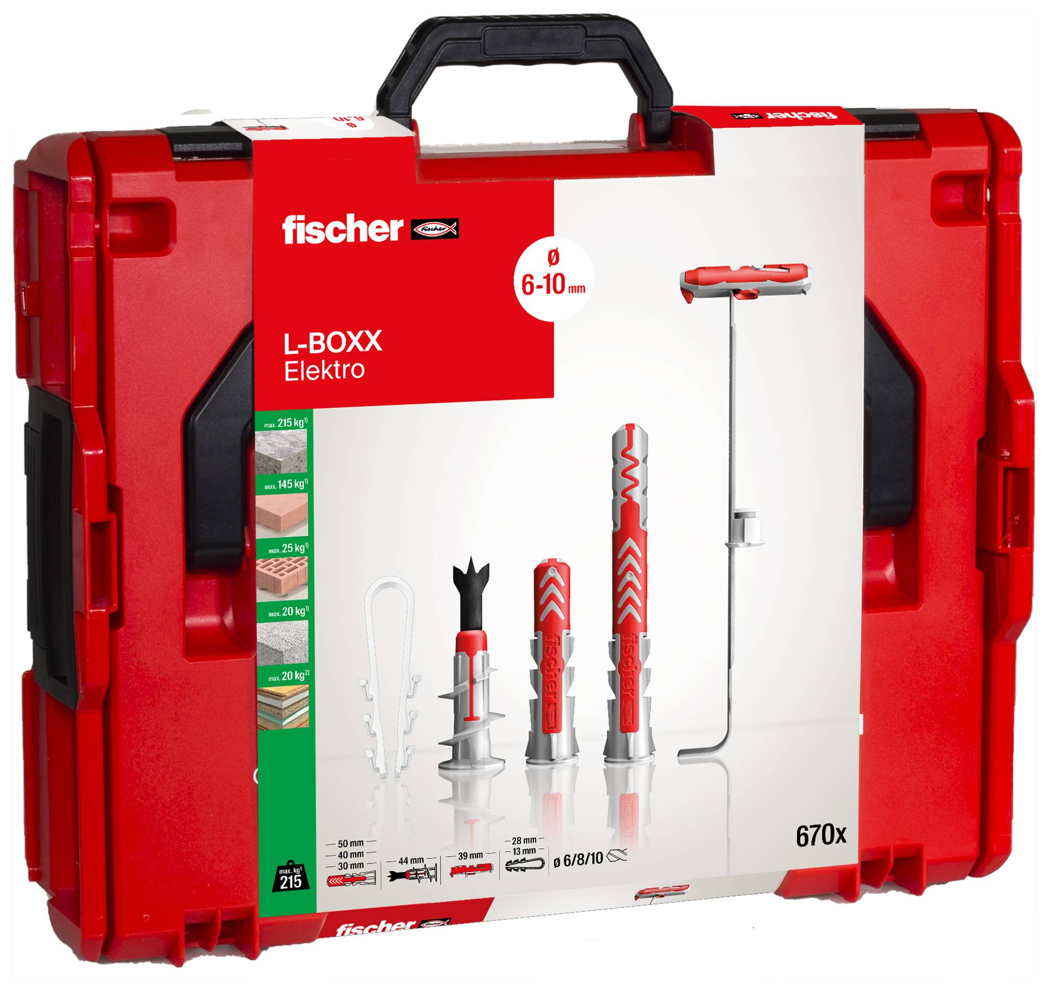 Rød værktøjskasse fra Fischer med påtrykt 'L-BOXX Elektro', viser et udvalg af rawplugs og værktøj, størrelsesinterval 6-10 mm.