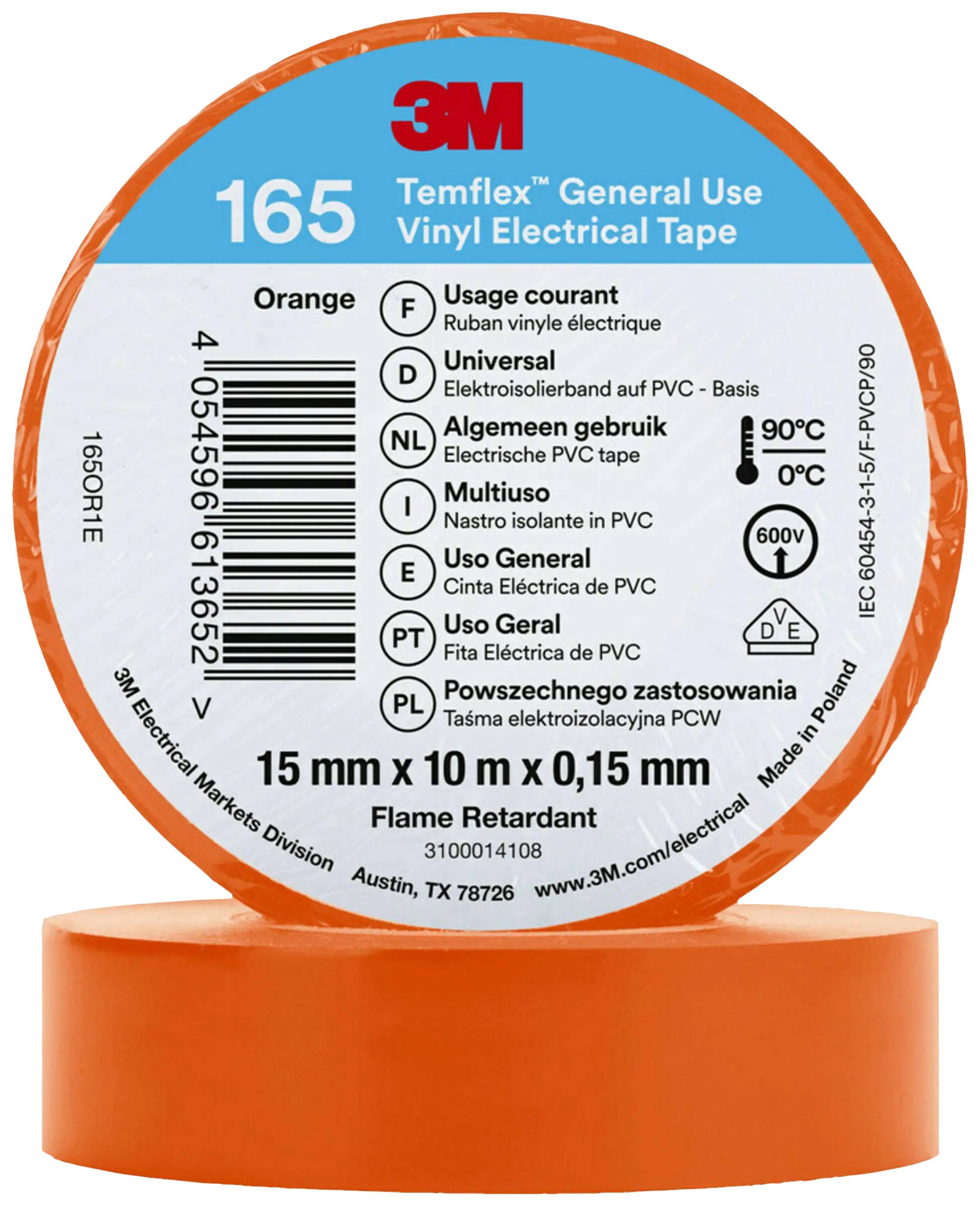 Billedet viser en rulle orange 3M Temflex universal tape. På etiketten står der specifikationer som størrelse og temperaturbestandighed.