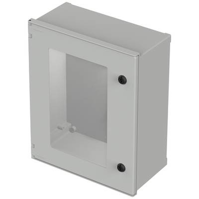 Metalkabinet med transparent dør, to sorte låse, egnet til elektriske installationer eller netværksudstyr.
