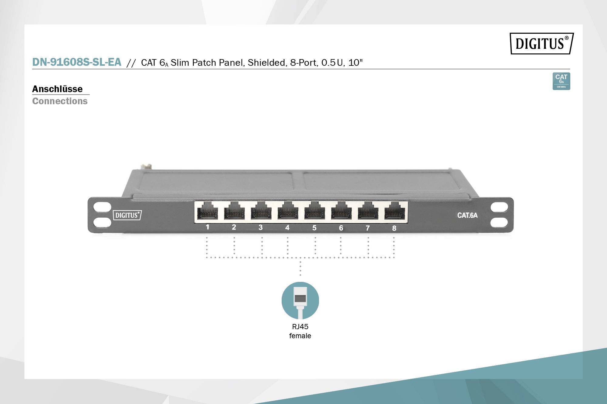 'DN-91608S-SL-EA' CAT 6 patchfelt, skærmet, 8 porte, 0,5U. Fremstilling med en RJ45-tilslutning fremhævet.