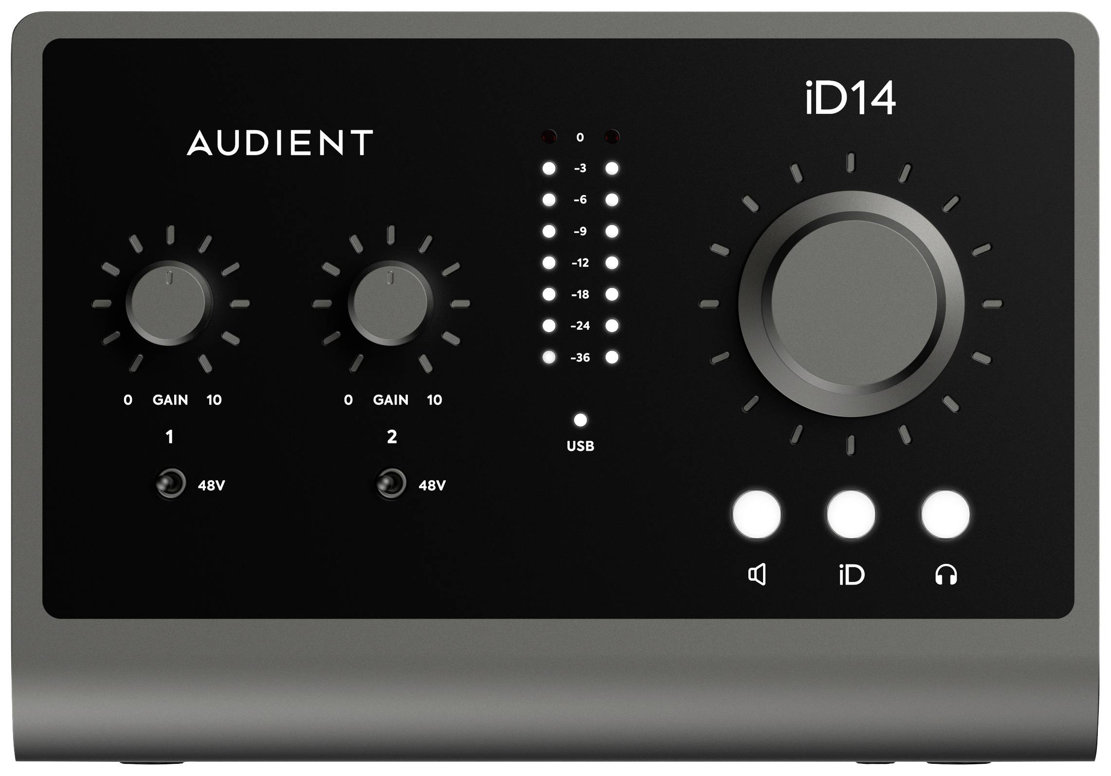 Et lydinterface med to gain-regulatorer, LED-signalmålere og en stor volumenkontrol, mærke 'Audient', model 'iD14'.