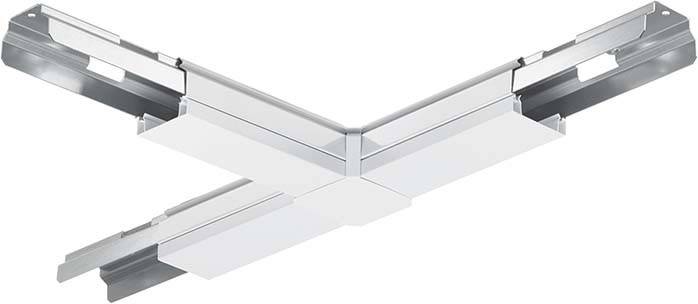 Metal forbindelseselement i L-form; blank aluminiumlegering med to parallelt forløbende kanter ved et kryds.