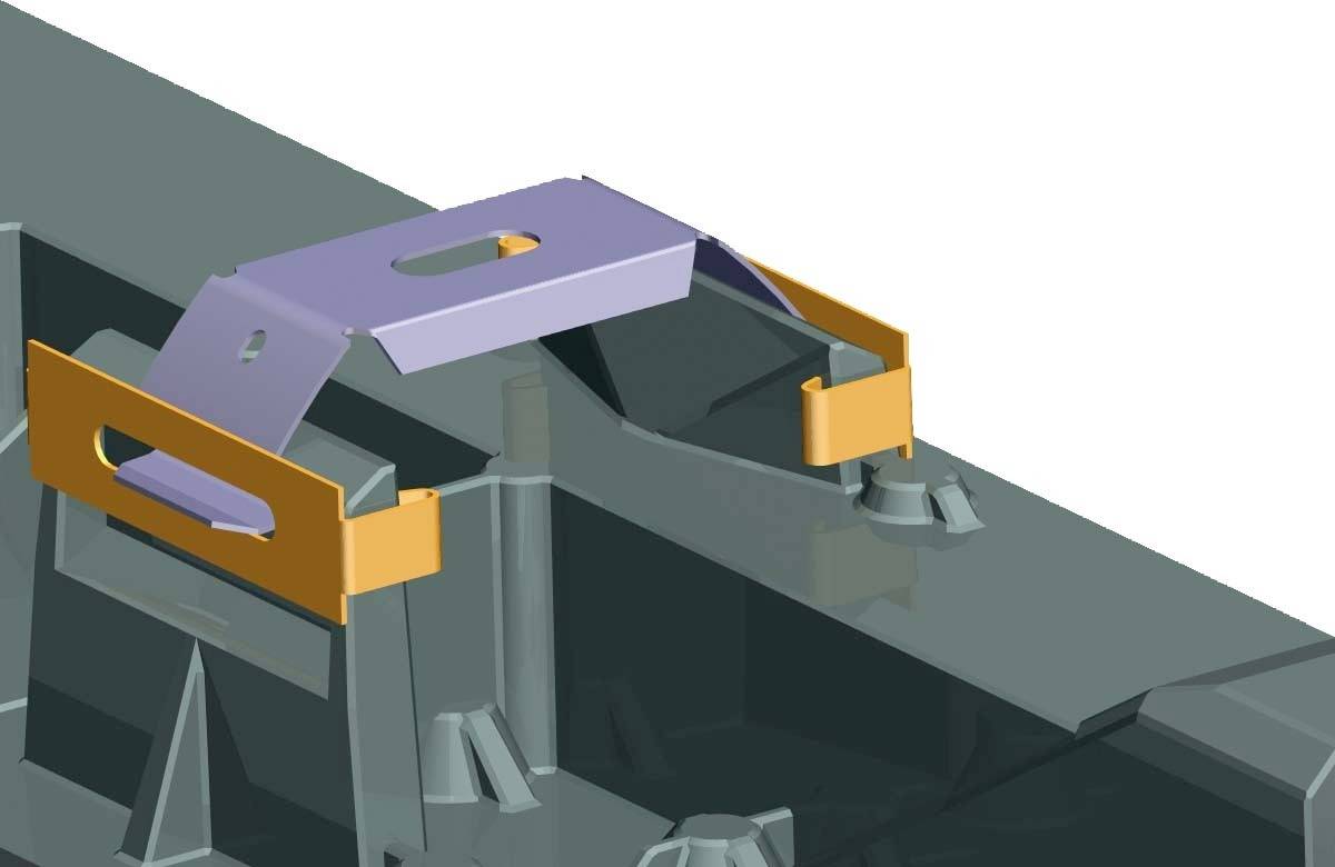 3D-model af en grå maskine med orange og lilla beslag. Viser detaljer i monteringsstrukturen.