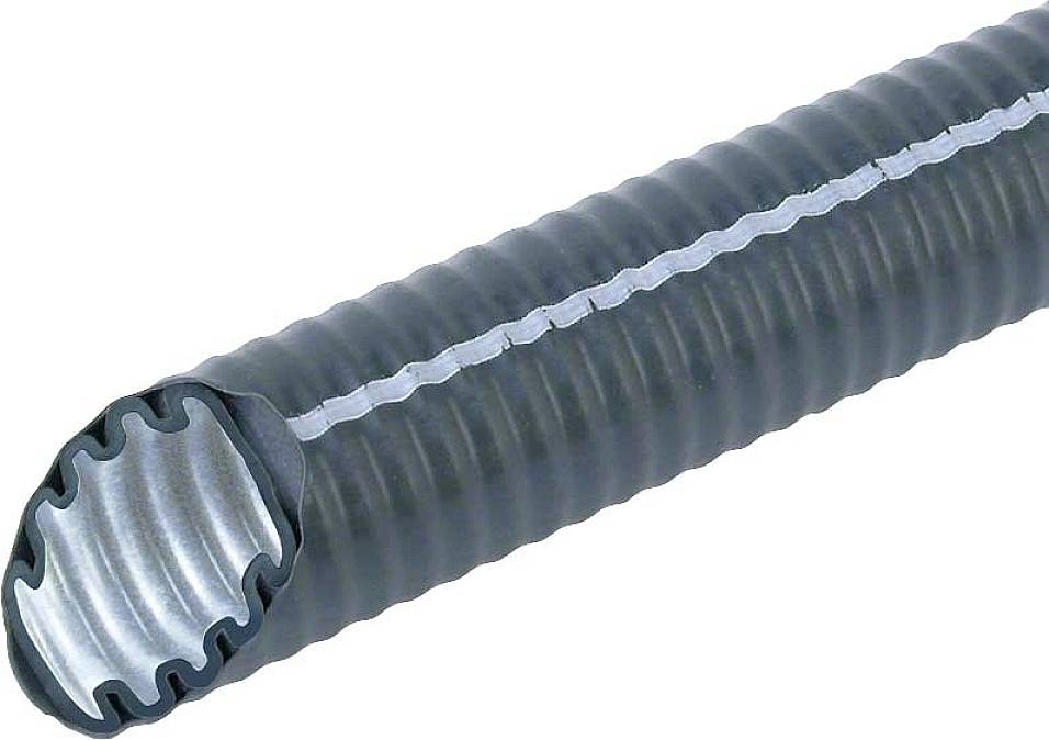 En sort, riflet spiralslange med åben ende viser den indvendige metallkerne. Egnet til energi- eller kabelbeskyttelsessystemer.