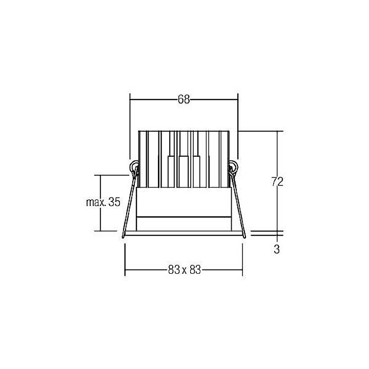 Teknisk tegning af et rektangulært objekt med følgende dimensioner: 68 mm bredde, 72 mm højde, 83 x 83 mm grundareal, maks. 35 mm dybde.