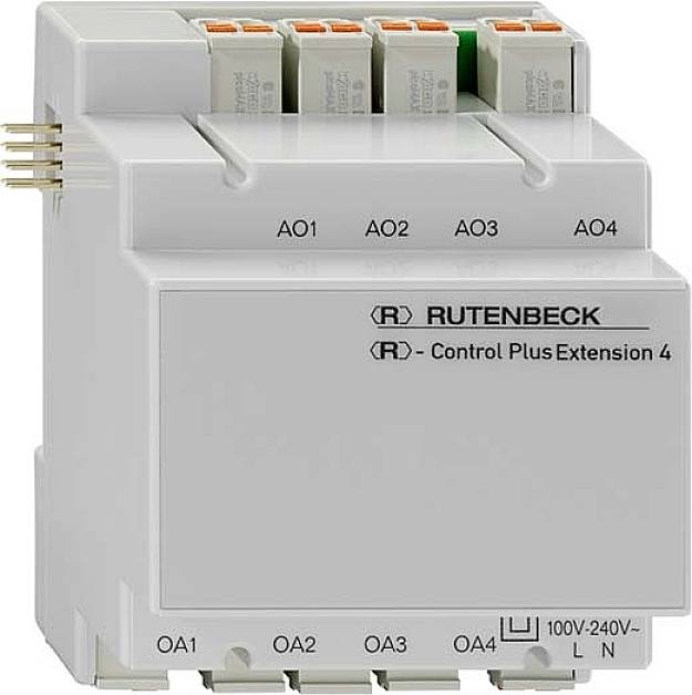 Et styremodul med fire orange-hvide stikforbindelser øverst, mærket 'Rutenbeck Control Plus Extension 4'.