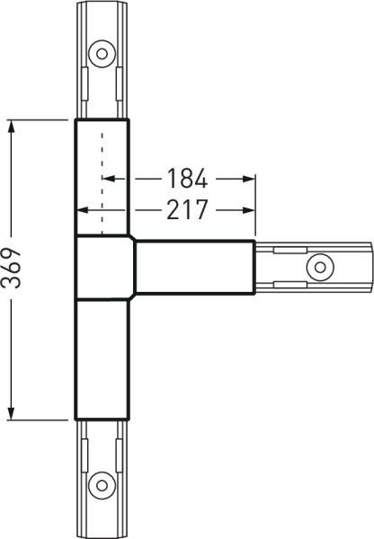 Teknisk tegning af et T-formet rør. Samlet højde 369 mm, vertikale segmenter 184 mm og 217 mm. Mål og forbindelseselementer er markeret.