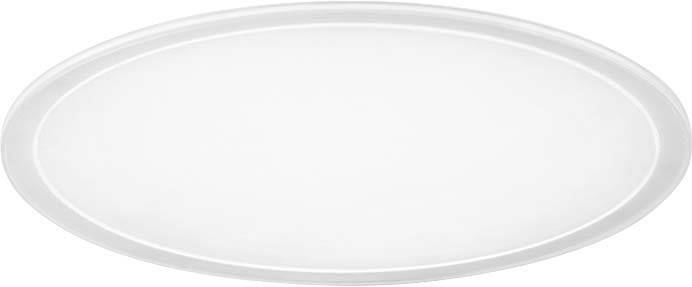 En hvid, oval porcelænstallerkenen på neutral baggrund.