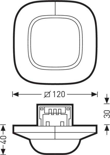 Teknisk tegning af en rund røgdetektor med diameter på 120 mm og højde på 40 mm, med side- og topview vist.
