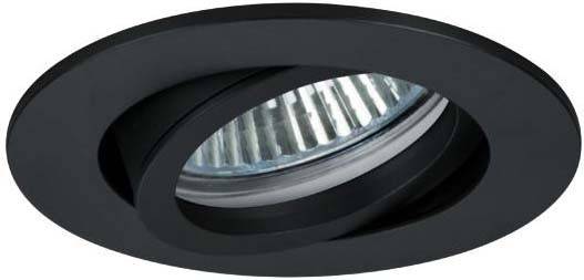 Sort, oval loftslampe med justerbar reflektor, velegnet til retningsbestemt belysning i moderne rum.