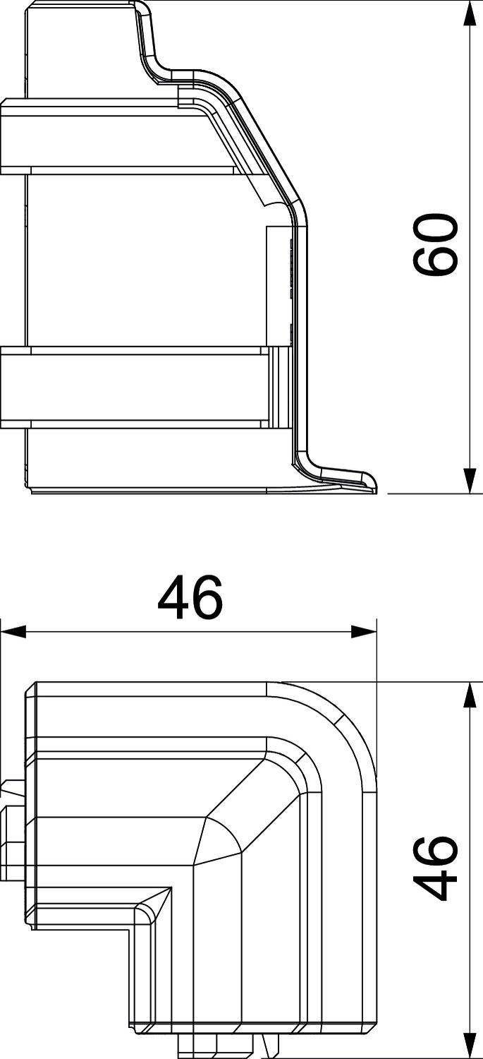 Teknisk tegning af et hjørneprofil med mål: Bredde 46 mm, højde 60 mm og dybde 46 mm, viser detaljeret struktur og form.