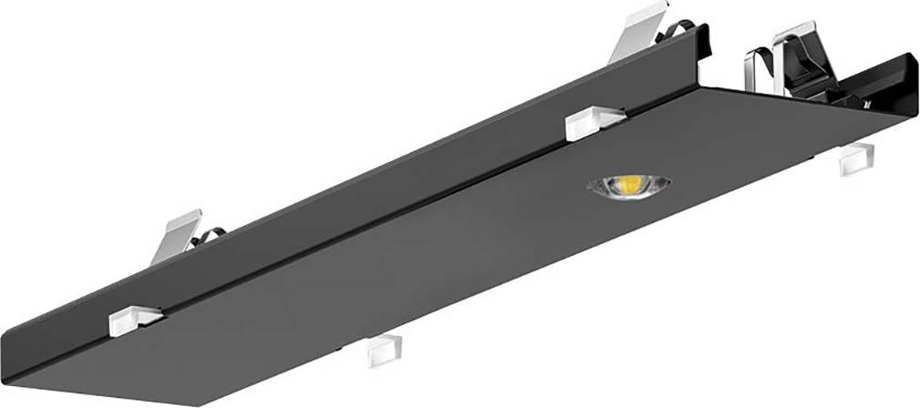 Sort rektangulær lampe med metalliske klemmer og en central gul glødepære. Designet til loftsmontering.