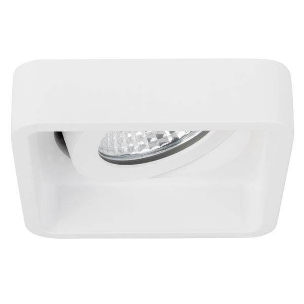 Hvid, firkantet loftslampe med blankt, rundt lyselement indeni, egnet til indendørs belysning.