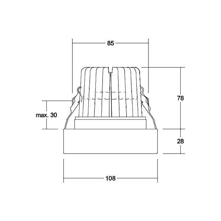 Teknisk tegning af en komponent med dimensioner: Bredde 108 mm, højde 78 mm, dybde 85 mm, maksimalt 30 mm.