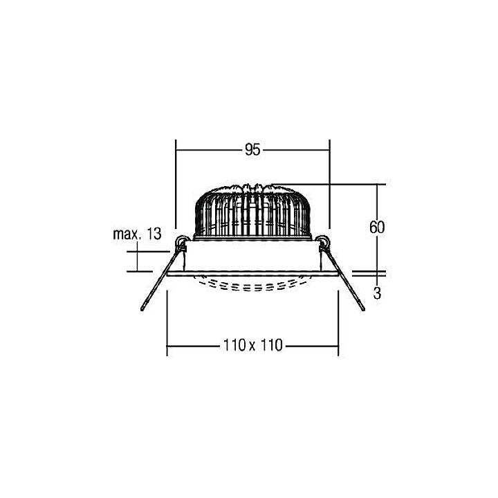 Teknisk tegning af en rund loftlampe med mål: Diameter 95 mm, højde 60 mm, længde 110 mm, bredde 110 mm, maks. indbygningsdybde 13 mm.