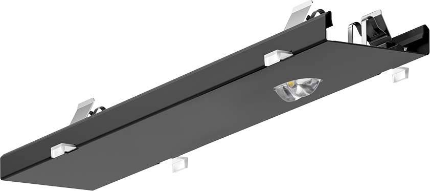Sort rektangulær lampe med to synlige, indbyggede LED-lamper. Lampen er vist skråt fra siden.