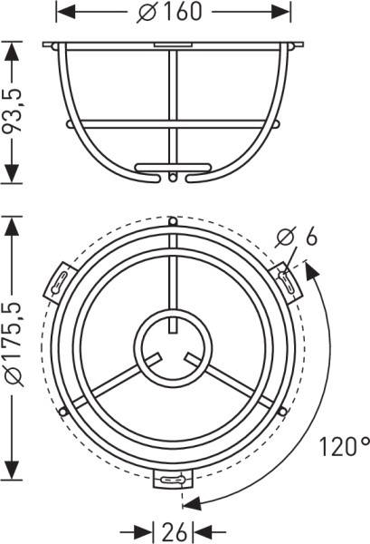 Teknisk tegning af en rund beslag. Øverst: Sidevisning med dimensioner på 160 mm diameter og 93,5 mm højde. Nederst: Topvisning med 175,5 mm diameter, 120° vinkel og monteringsdetaljer.