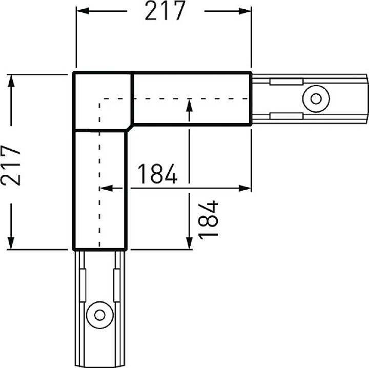 Teknisk tegning af en retvinklet forbindelse med mål: 217 x 217 mm udvendigt, 184 x 184 mm indvendigt.