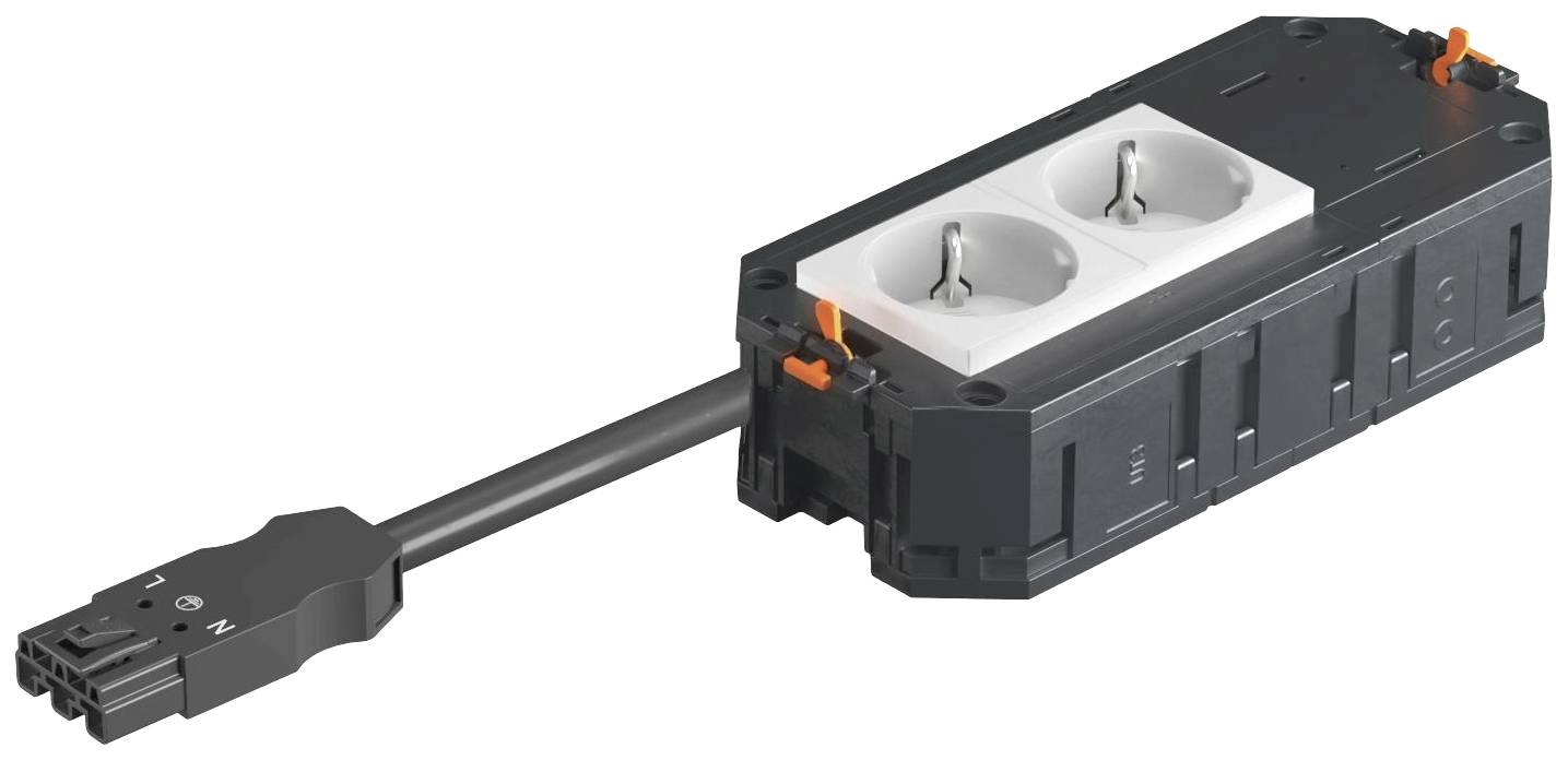 Sort stikdåsemodul med to hvide stikkontakter og tilslutningskabel, egnet til montering i elektriske apparater eller møbler.