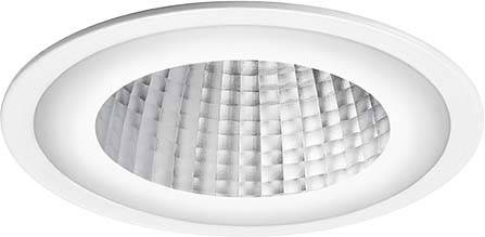 En rund, hvid loftslampe med et reflekterende, gitteragtigt mønster indvendigt.