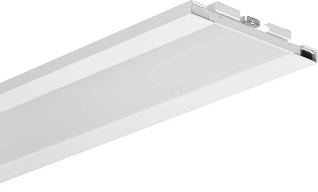 Et rektangulært, hvidt LED-panel ligger skråt. Det har en tynd ramme og en ensartet lys overflade.