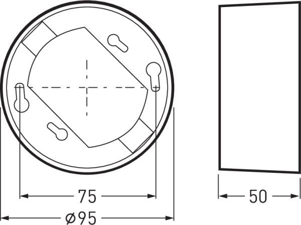 Teknisk tegning af to geometriske former: til venstre en cirkel med en diameter på 95 mm og et indre areal på 75 mm²; til højre et rektangel med en bredde på 50 mm.