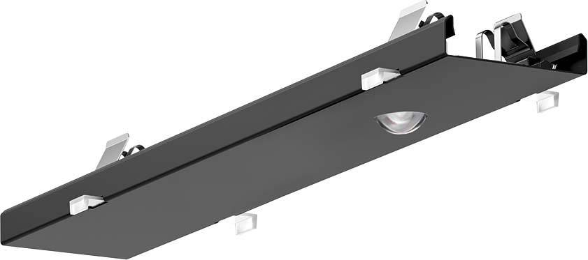 Et retvinklet, sort aluminiumsprofil med flere transparente holdere og en lille integreret linse er vist.