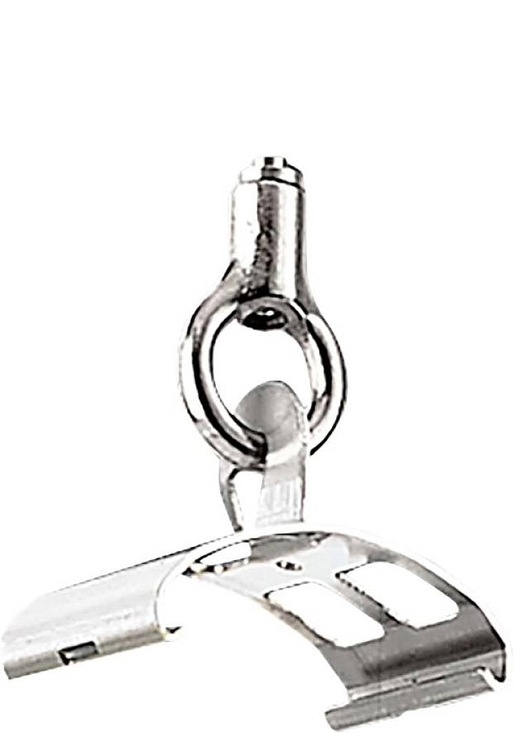 Metallisk svingholder med ring til fastgørelse af objekter. Robust og industrielt design.