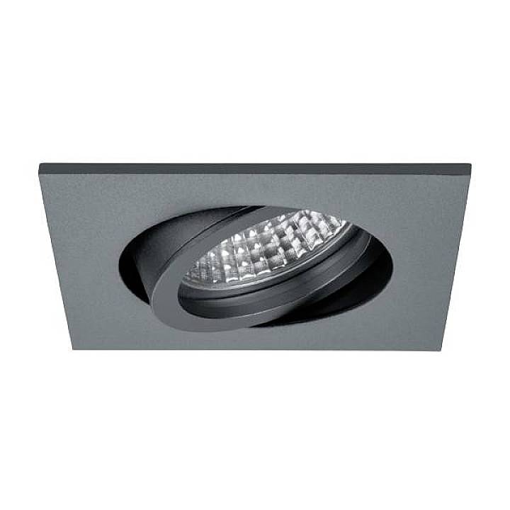 Indbygningsspot med firkantet, sort ramme og drejeligt fatning, LED-lyskilde synlig.