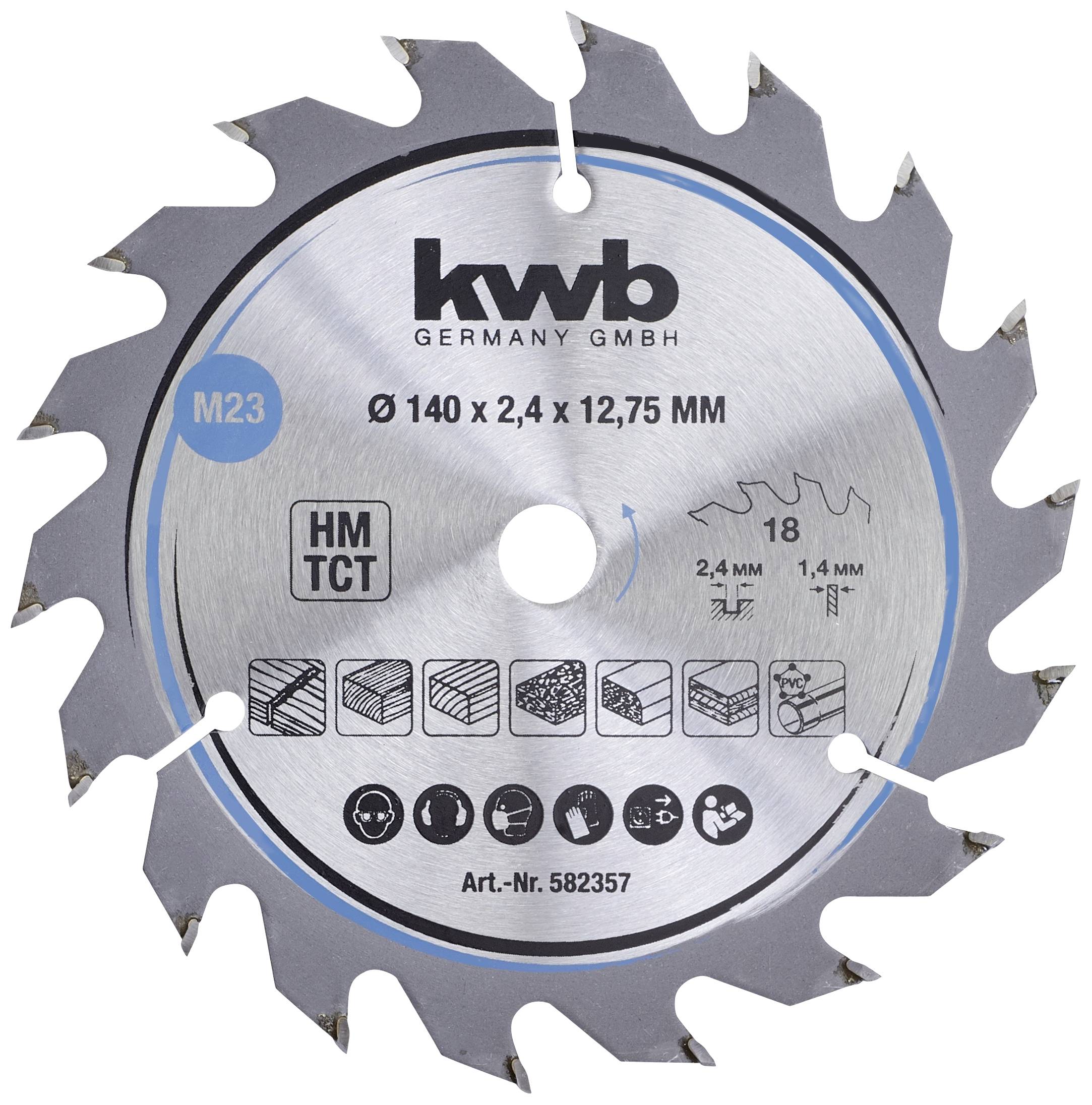 Savklinge fra kwb Germany GMBH, Ø 140 x 2,4 x 12,75 mm, HM TCT, Art-nr. 582357, egnet til træ, MDF, krydsfiner og mere.