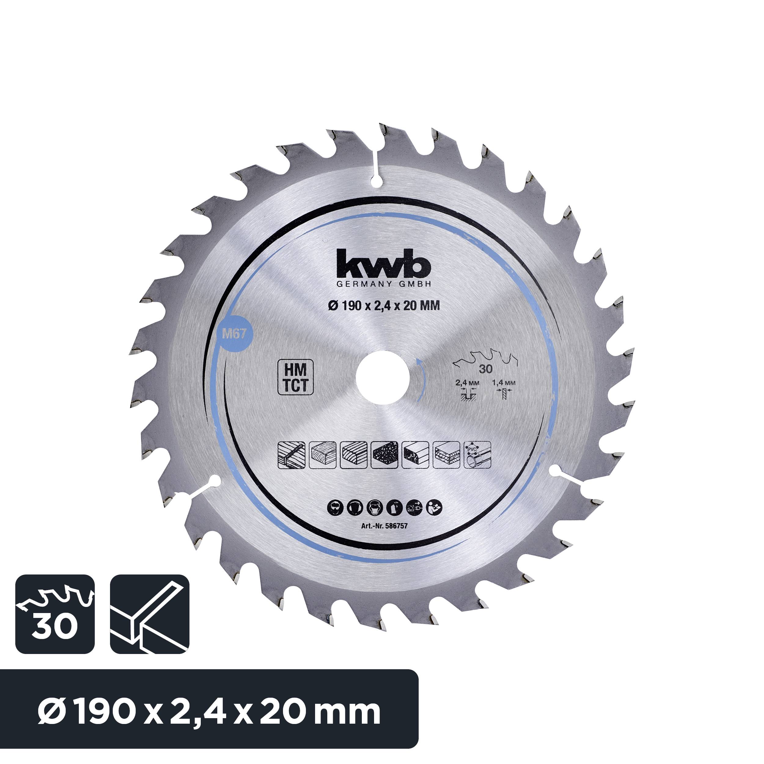 Kredsavsklinge fra kwb Germany GmbH, diameter 190 mm, boring 20 mm, 30 tænder, egnet til træ, plast og aluminium.
