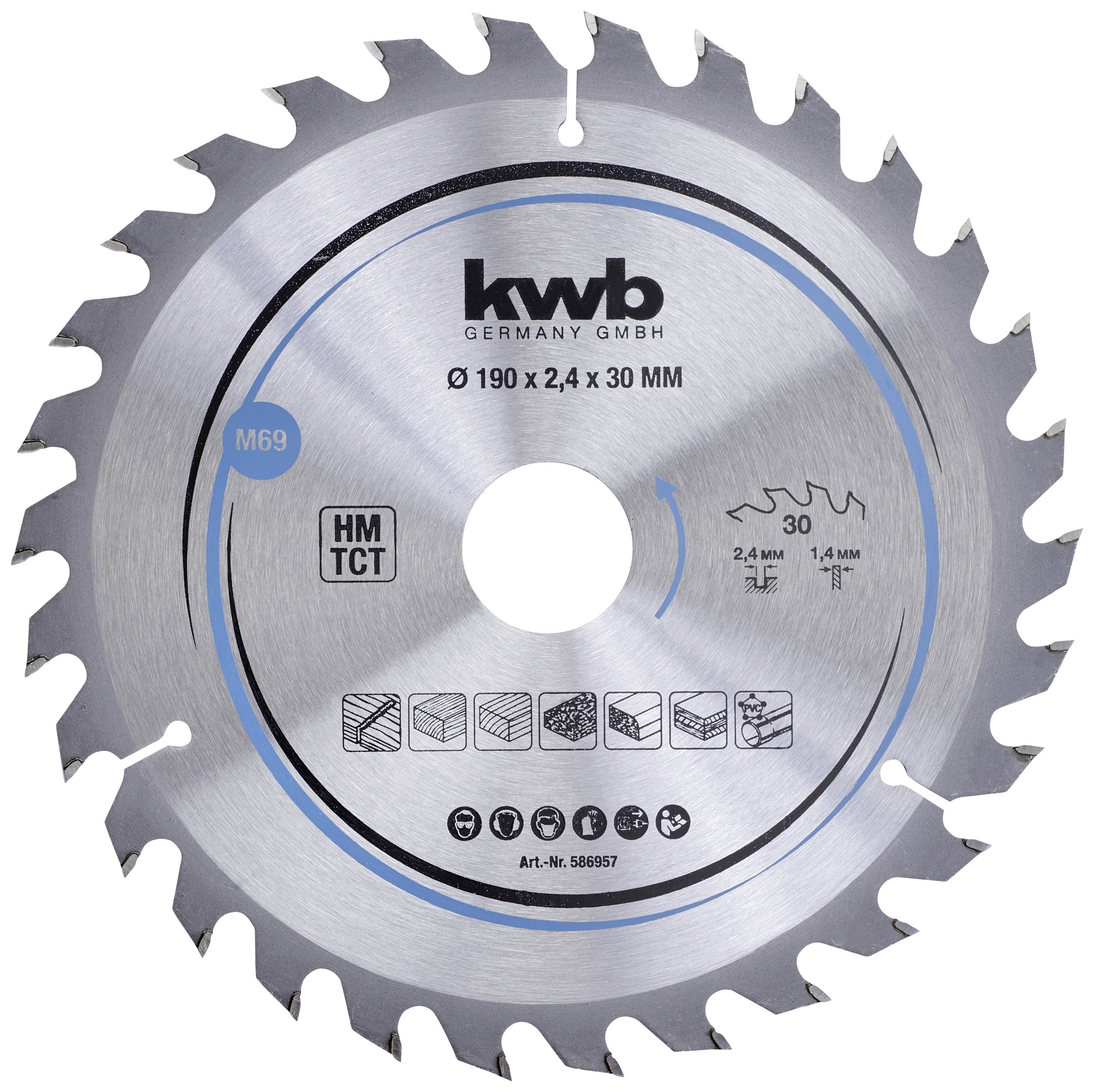 Rundsavsklinge med påskriften 'kwb Germany GmbH', diameter på 190 x 2,4 x 30 mm, egnet til forskellige trætyper, 30 tænder.