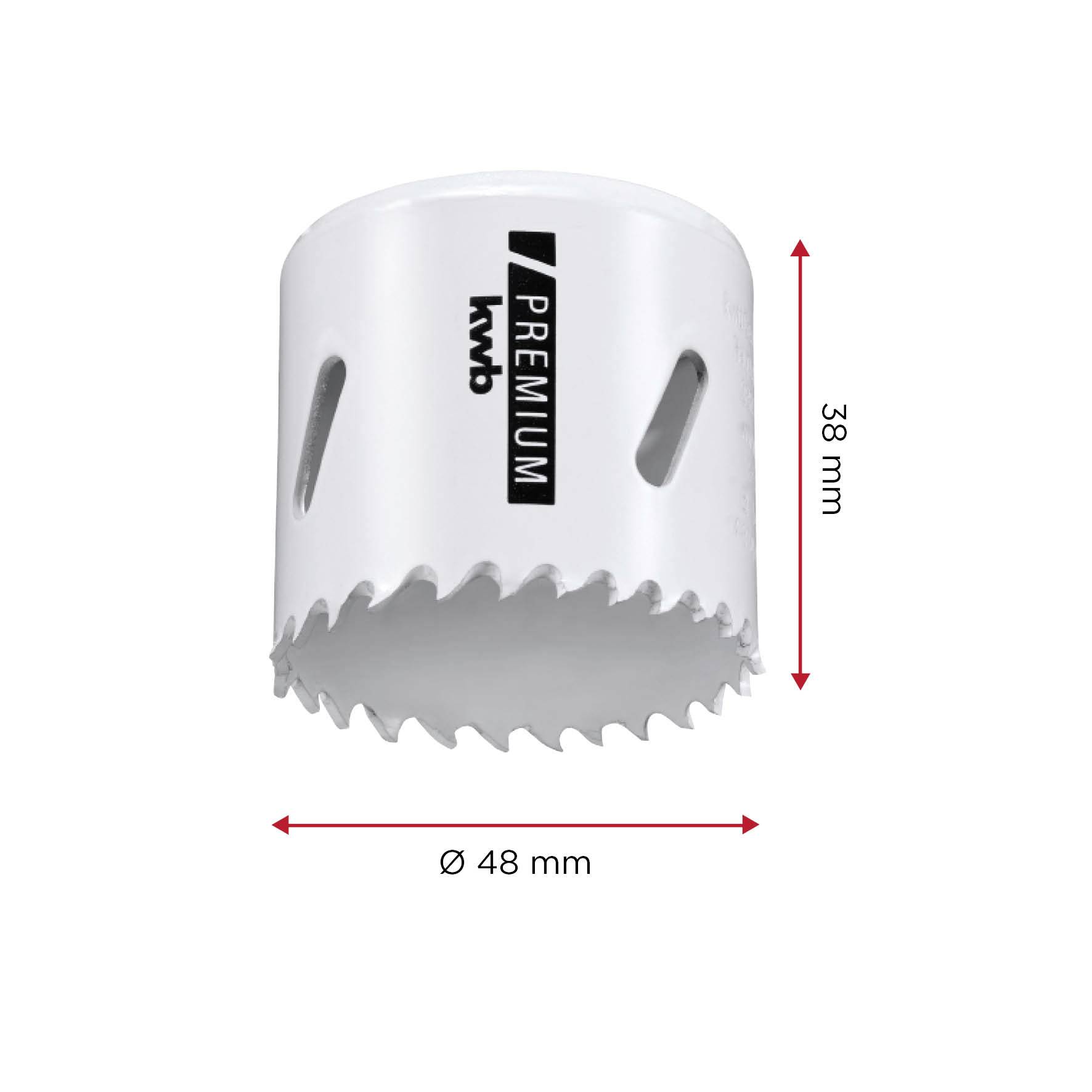 En hvid, cylindrisk savklinge med savtakket kant, mærket med 'PREMIUM', har en diameter på 48 mm og en højde på 38 mm.