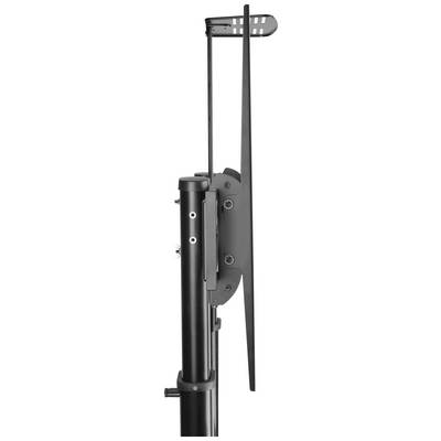 En sort, vertikal TV-holder i metal, set fra siden. Ideel til vægmontering af fladskærms-tv'er.