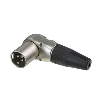 En sølv og sort XLR-stik i en vinklet adapterstik-design.