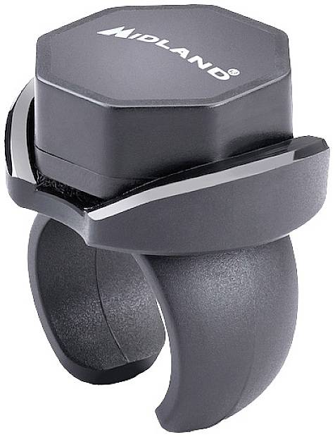En sort cykelklokke-overdel med en stor knap og påskriften 'Midland' på oversiden, til fastgørelse på styret.