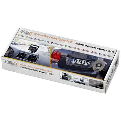 Emballage til et trådløst bakkamerasystem med kamera, skærm og bilafbildning. Mærke: Technaxx, Model: TX-170.
