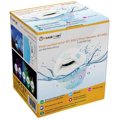 Emballage til en pool-højttaler med RGB-belysning. Funktioner: vandtæt (IP67), Bluetooth, LED-lys, velegnet til swimmingpools.