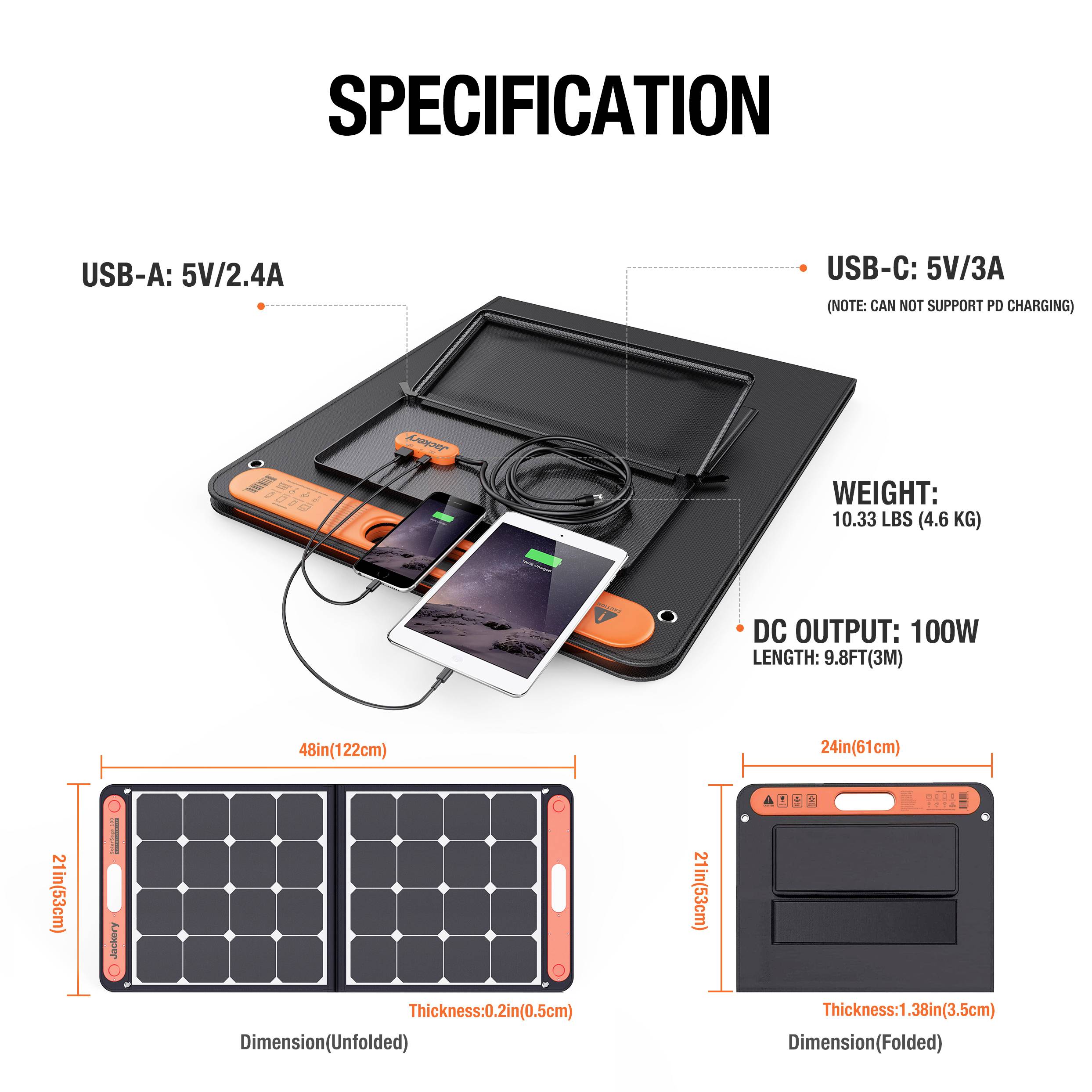 Bærbart solarpanel med tilslutninger: USB-A (5V/2.4A), USB-C (5V/3A) og DC-udgang (100W). Vægt: 4,6 kg. Mål udfoldet: 122 cm x 53 cm, foldet: 61 cm x 53 cm.
