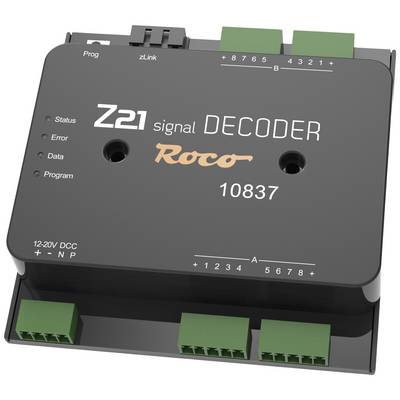 Skærmbillede af en Z21 signaldecoder fra Roco, modelnummer 10837. Viser tilslutninger og statusvisninger til programmering og data.