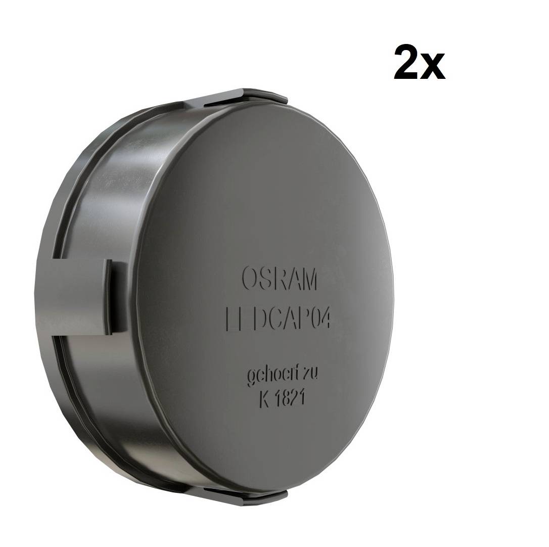 Sort, rund LED-afdækning med påskriften 'OSRAM LEDCAP04'. Øverst til højre står '2x', hvilket indikerer to stykker.