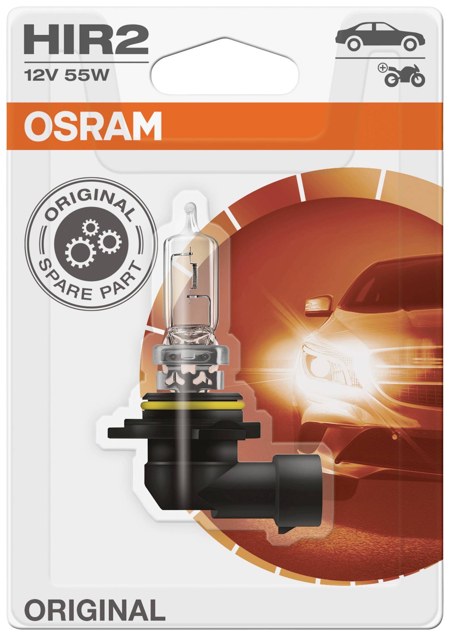 Emballage til en OSRAM HIR2 12V 55W bil- og motorcykellyspære, der viser reservedelen med en bil i baggrunden.