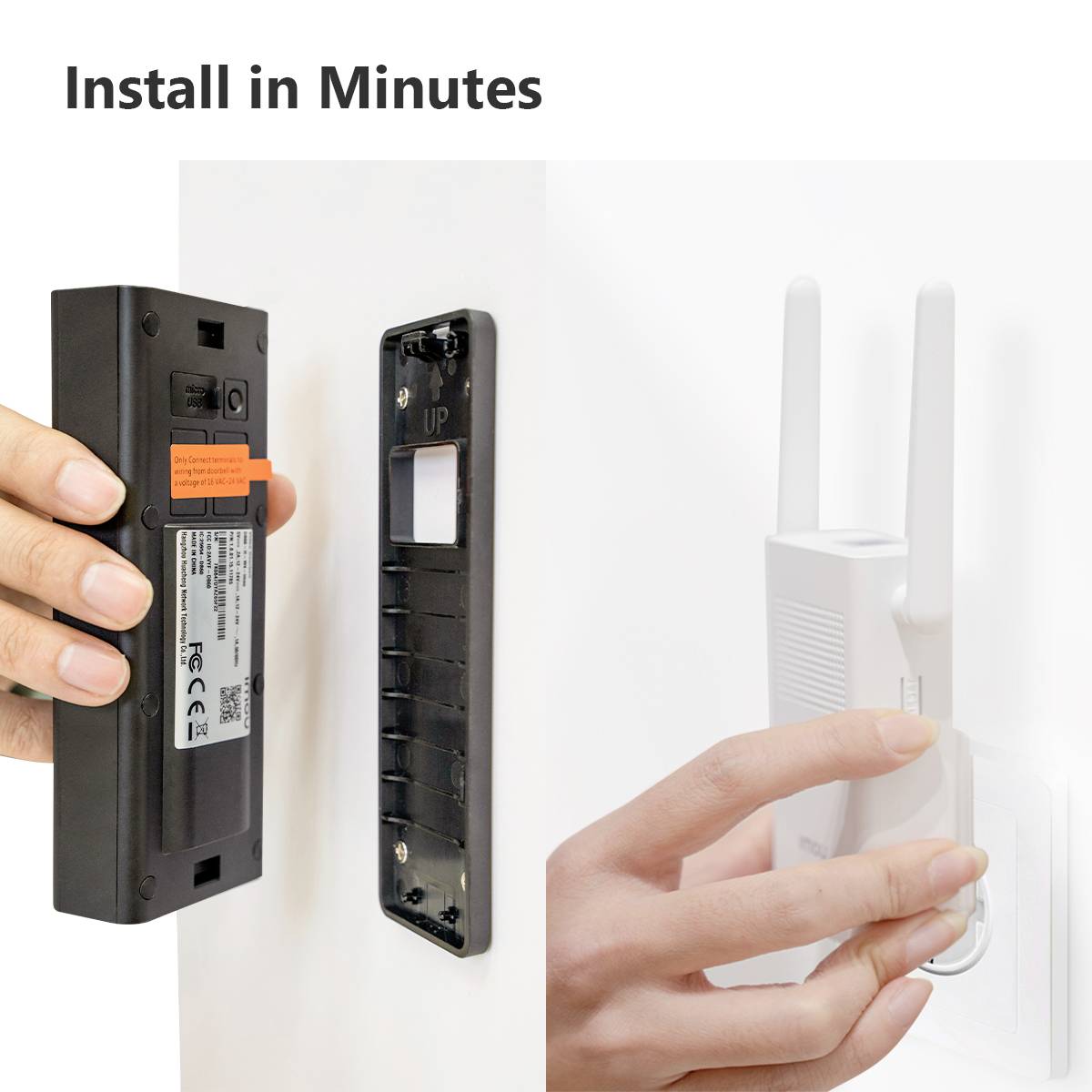 To installations foretages: til venstre en vægmonteret sensor, til højre en WLAN-repeater. Hænder viser den enkle montering af begge enheder.