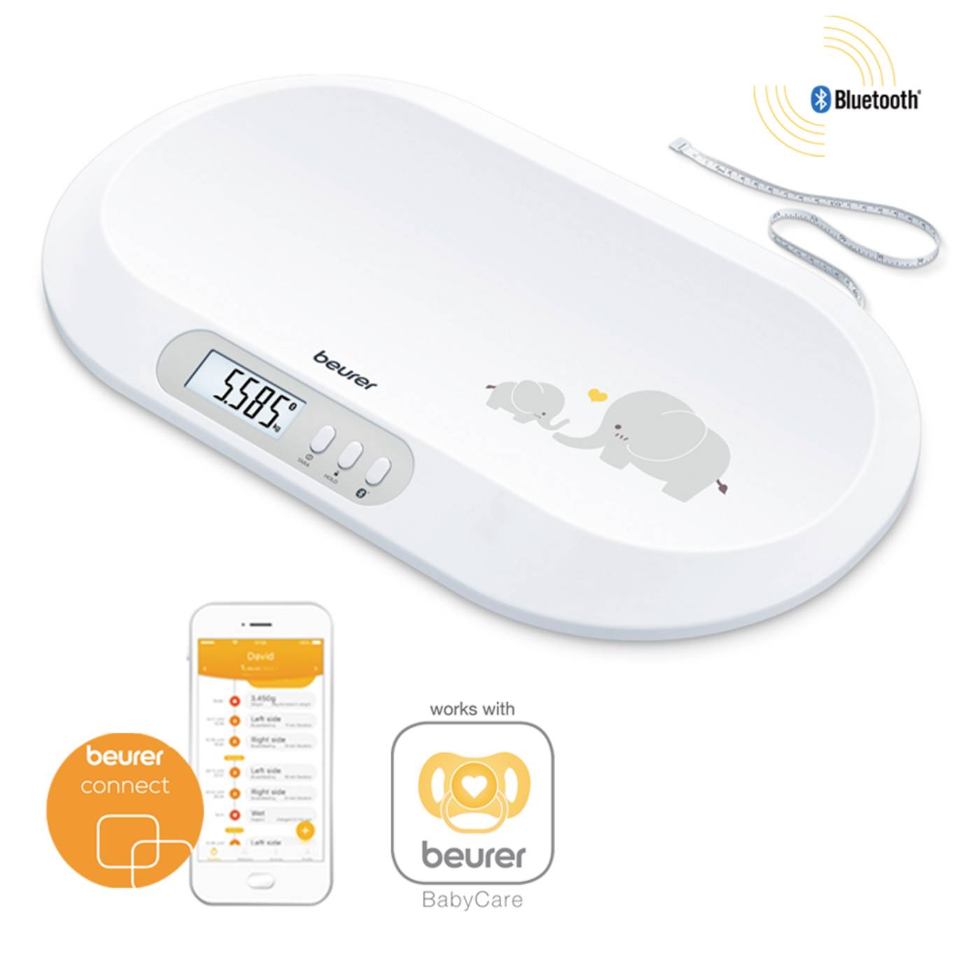 Digital babyvægt med elefantmotiv, viser 5589 gram. Kan forbindes til app via Bluetooth. Inkluderer målebånd.