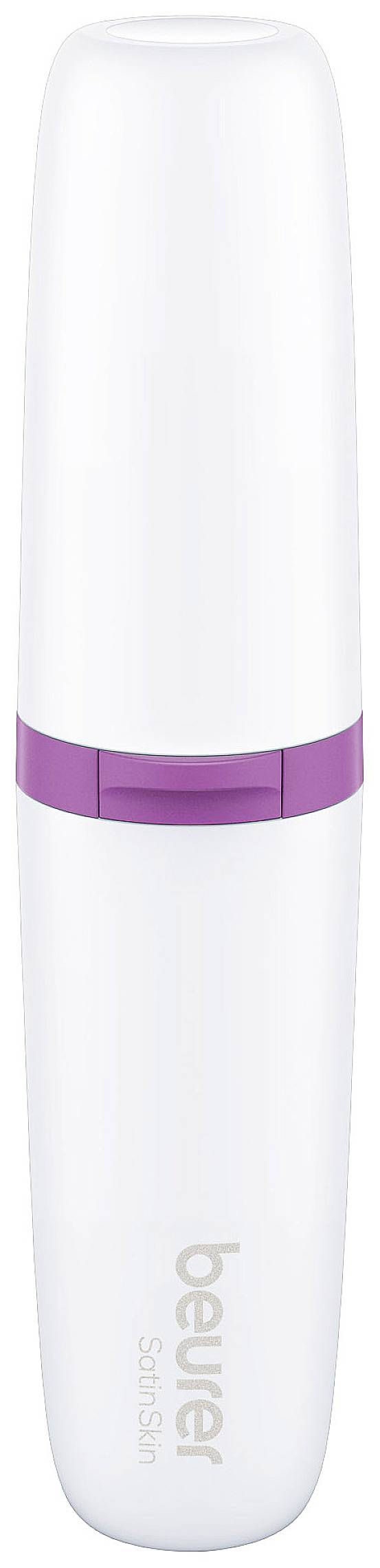En hvid, cylinderformet enhed med en lilla stribe i midten, mærket med 'beurer SoftSkin', sandsynligvis et plejeinstrument.