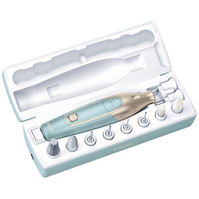 Neglesliber-sæt i åben æske med forskellige vedhæng til manicure og pedicure. Hovedenheden i blå-guld design.