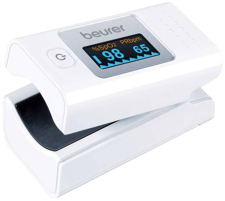 Et hvidt pulsoximeter viser værdier for iltmætning (98 %) og puls (65 slag/min) på et digitalt display.