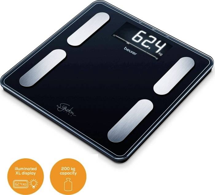 Digital personvægt med letlæseligt XL-display viser 62,4 kg; maksimal kapacitet: 200 kg.